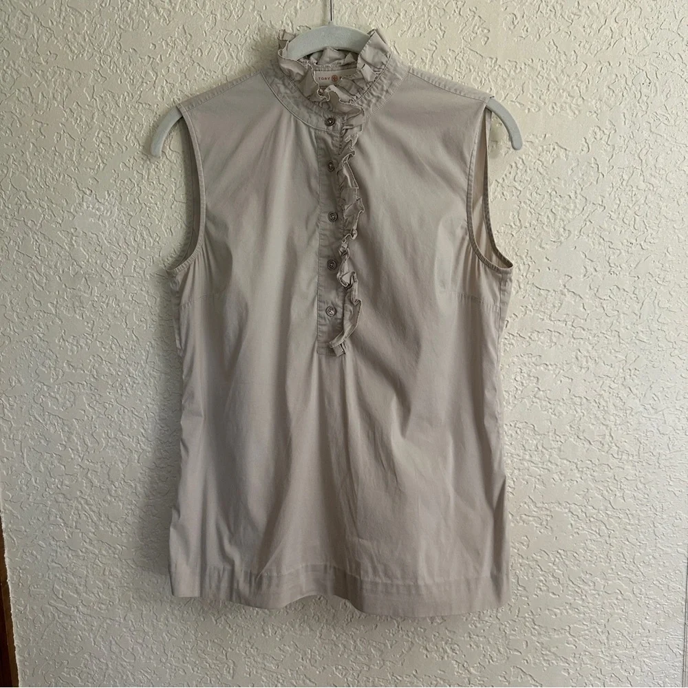 Tory Burch Light Tan Beige‎ Size 2 Ruffle Neck Sleeveless Blouse